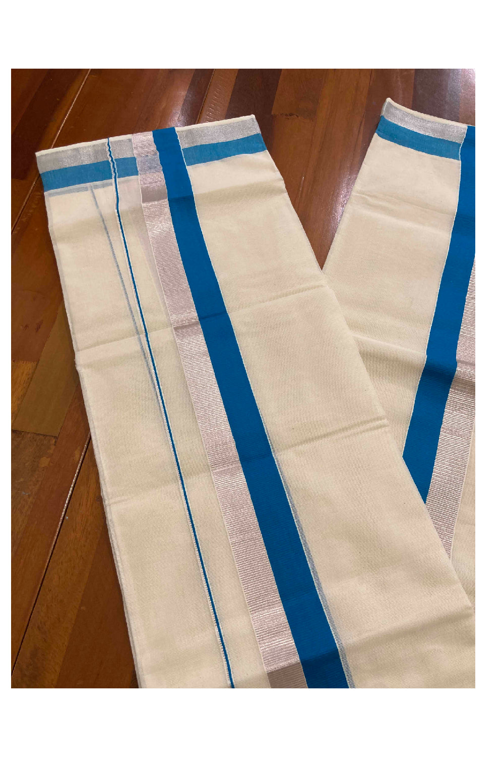 Mundum Neriyathum Double (Set Mundu) with Silver Kasavu and Blue Border 2.80 Mtrs