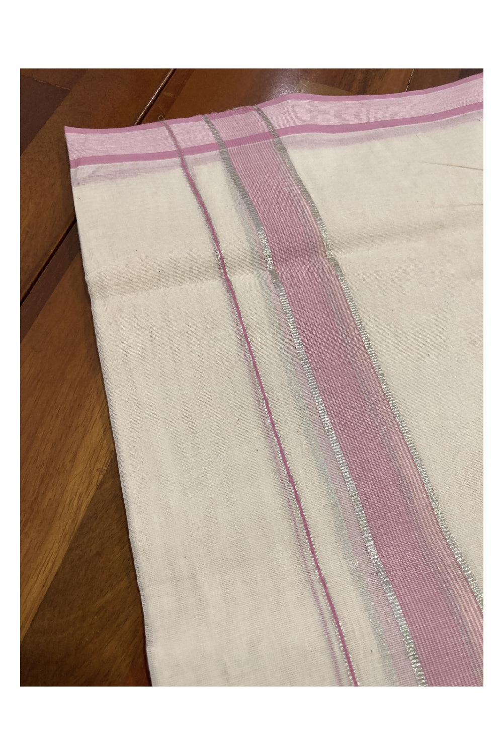 Southloom Balaramapuram Unakkupaavu Premium Handloom Mundu with Pink and SIlver Kasavu Border