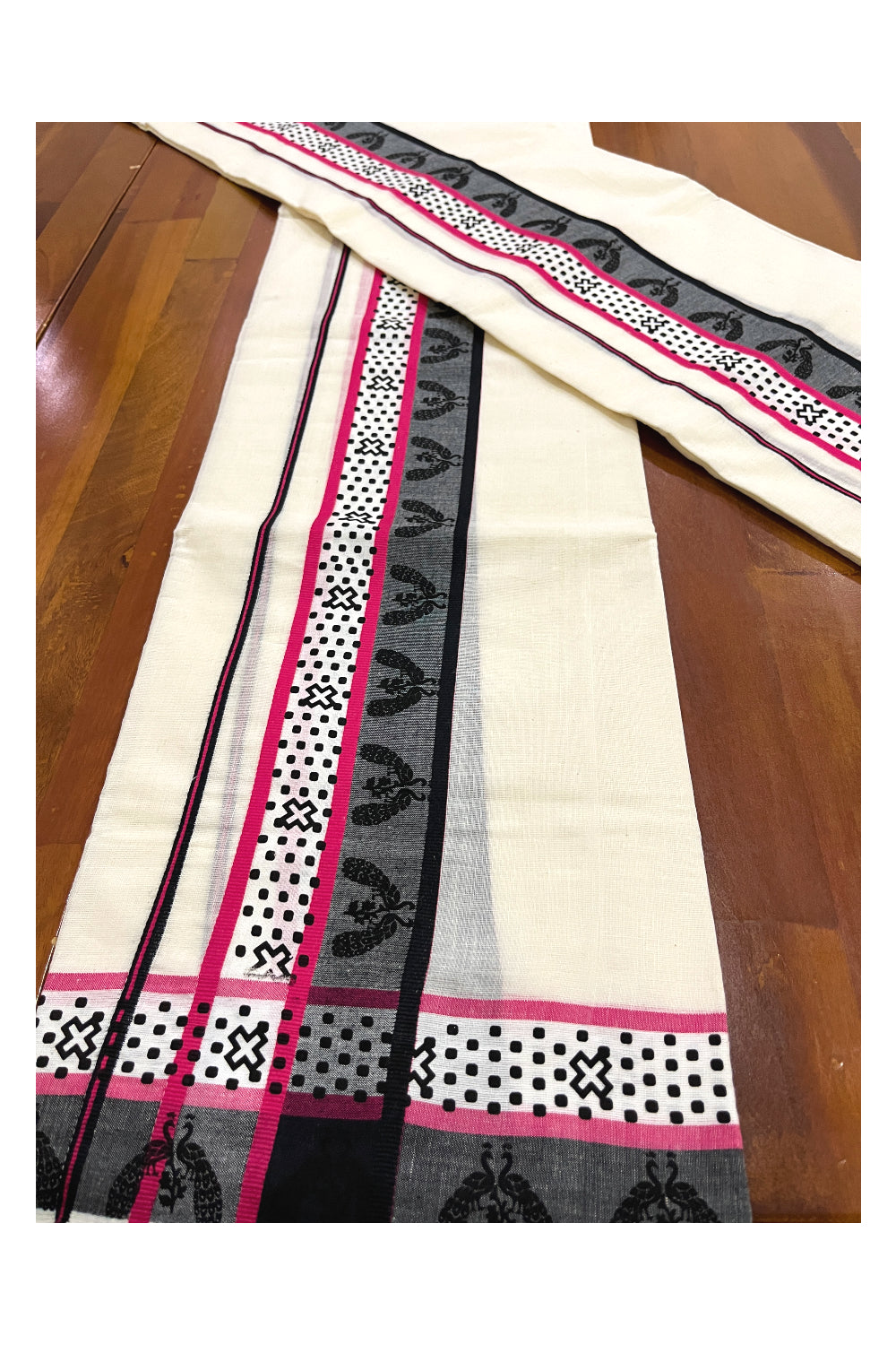 Kerala Cotton Single Set Mundu (Mundum Neriyathum) with Red Black Block Prints on Border