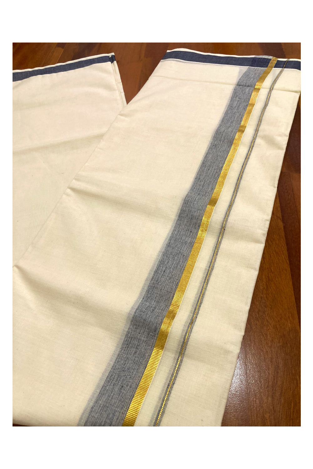 Pure Cotton Off White Double Mundu with Black and Kasavu Border (South Indian Dhoti)