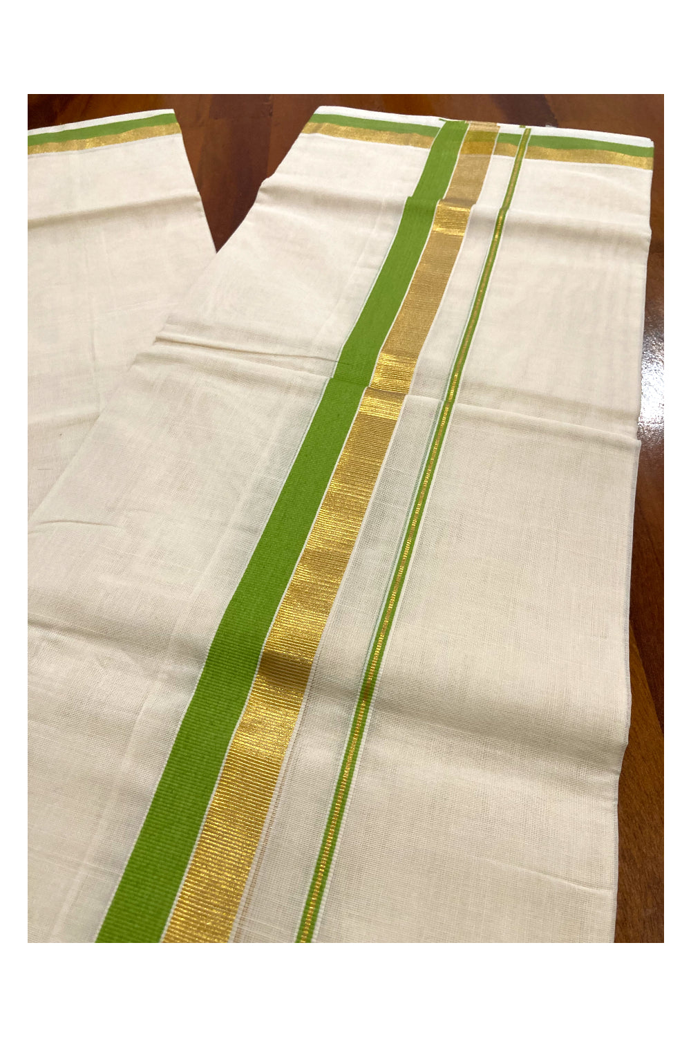 Southloom Premium Handloom Pure Cotton Mundu with Kasavu and Green Border (South Indian Dhoti)