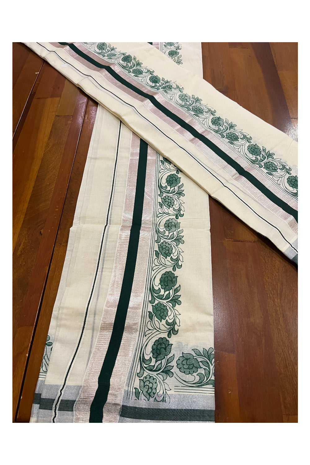 Pure Cotton Single Set Mundu (Mundum Neriyathum Vishu 2023) with Silver Kasavu and Green Floral Block Prints 2.80 Mtrs