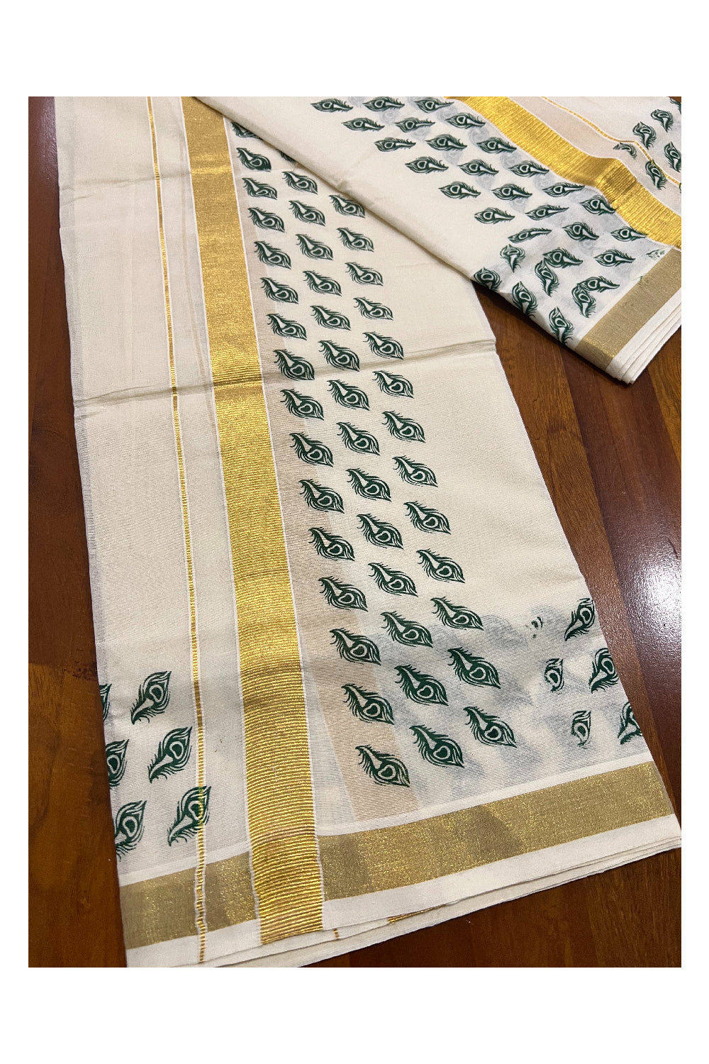 Kerala Cotton Kasavu Set Mundu (Mundum Neriyathum) with Green Feather Block Prints on Border