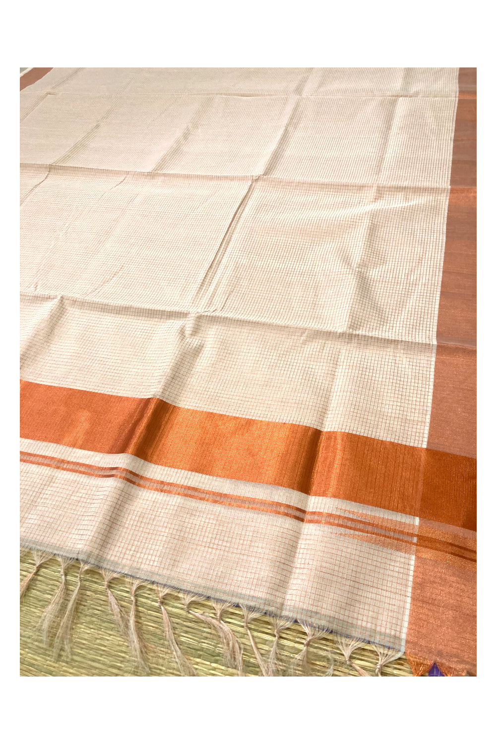 Southloom™ Handloom Kerala Premium Saree with Copper Kasavu Micro Check Design Body