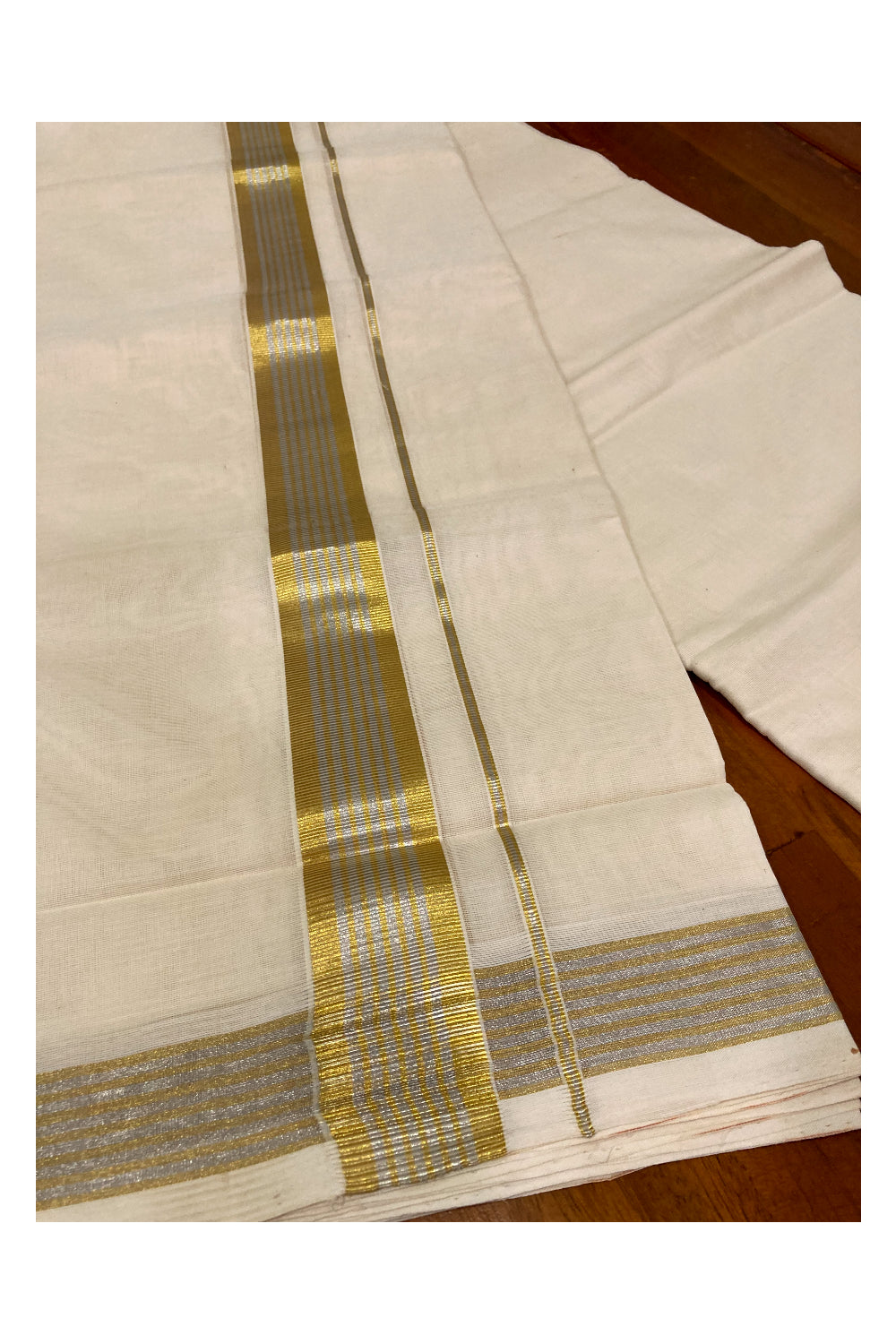 Southloom Premium Handloom Cotton Off White Mundu with Golden and Silver Kasavu Border (South Indian Dhoti)