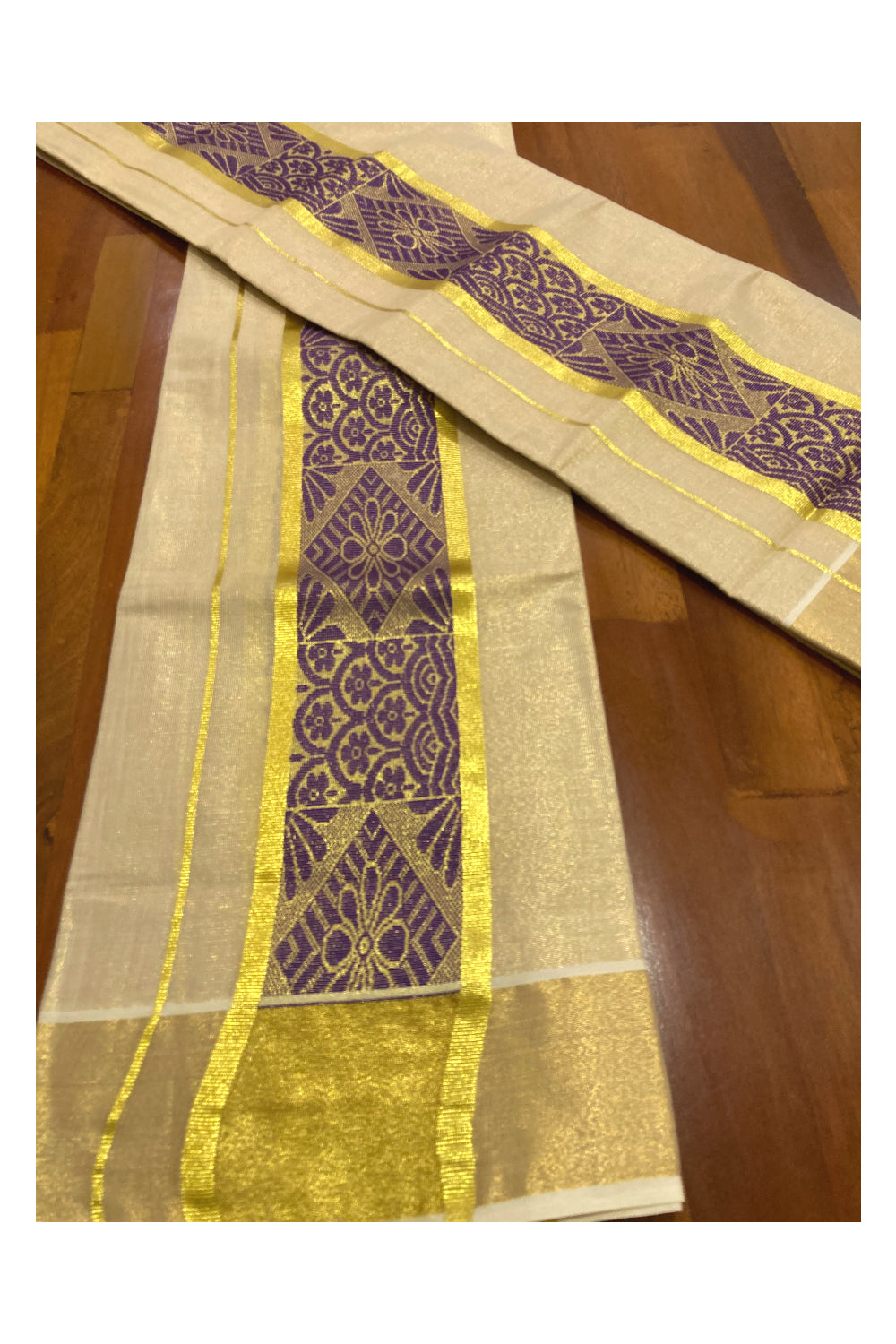 Kerala Tissue Kasavu Set Mundu (Mundum Neriyathum) with Violet Thread Work on Border