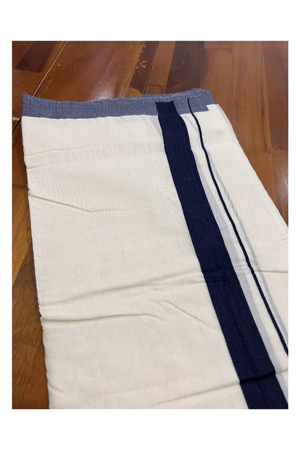 Off White Pure Cotton Double Mundu with Navy Blue Kara (South Indian Dhoti)