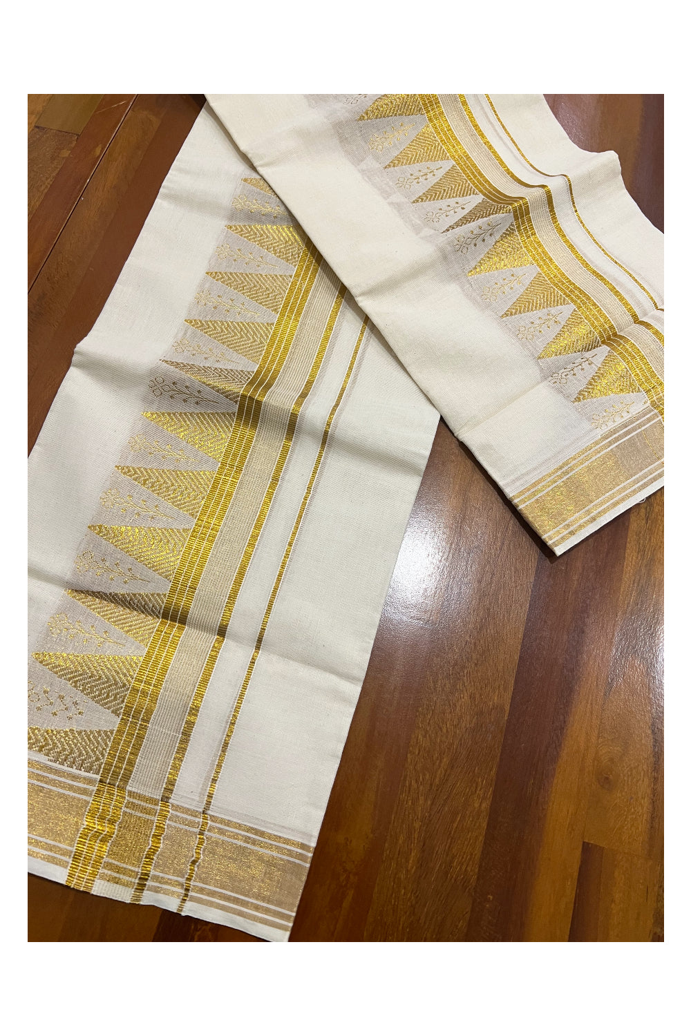 Kerala Cotton Set Mundu Single (Mundum Neriyathum) with Kasavu Temple Woven Works on Border