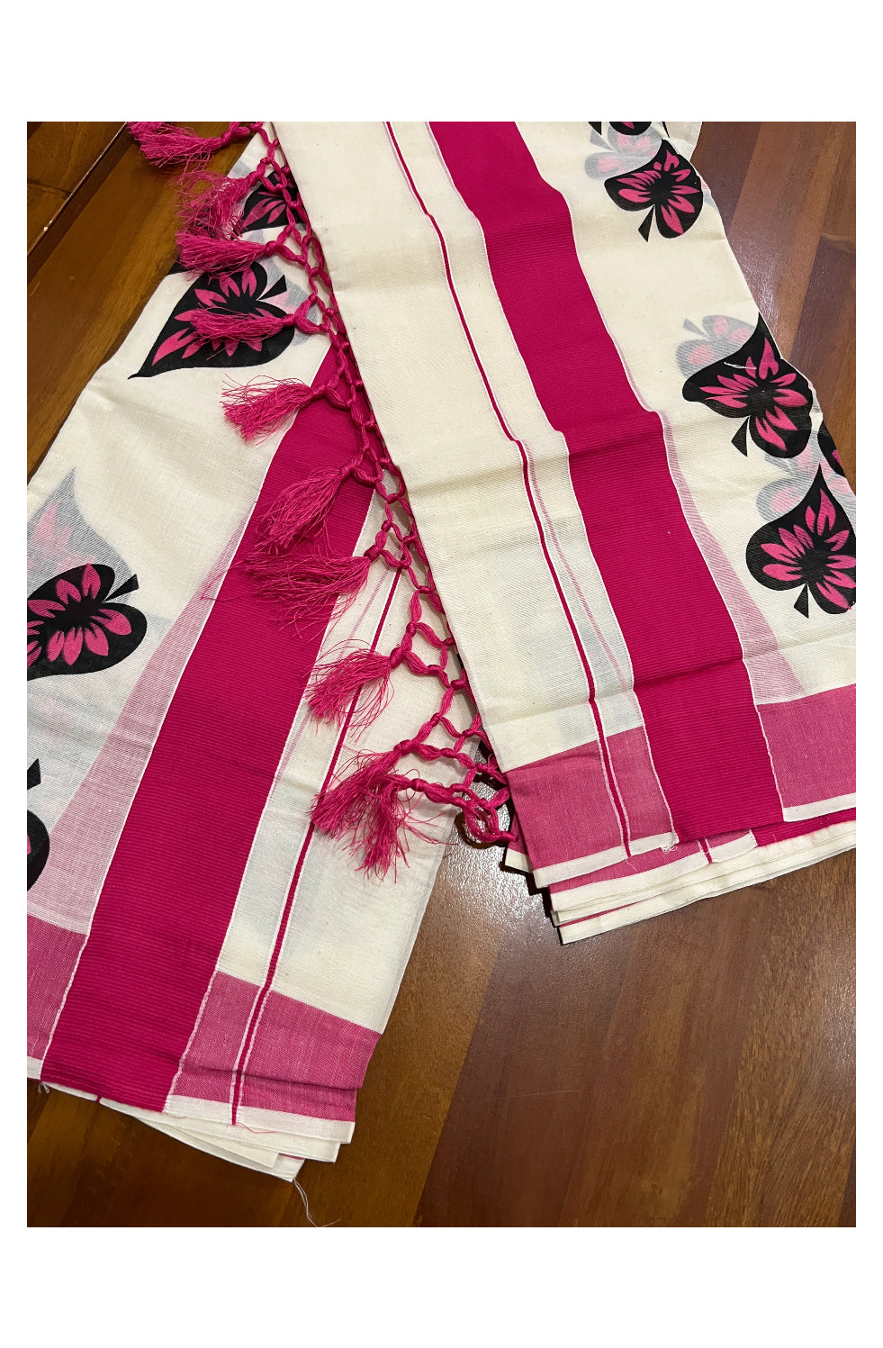 Kerala Cotton Set Mundu (Mundum Neriyathum) with Leaf Block Prints on Magenta Border and Tassels Works