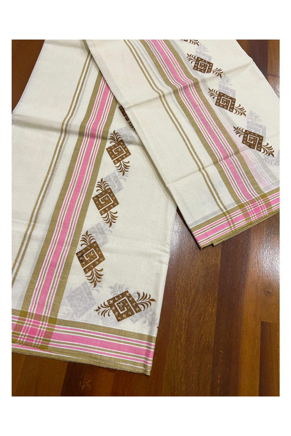 Kerala Cotton Mulloth Mundum Neriyathum Single (Set Mundu) with Light Brown Block Print Border (Extra Soft Cotton)