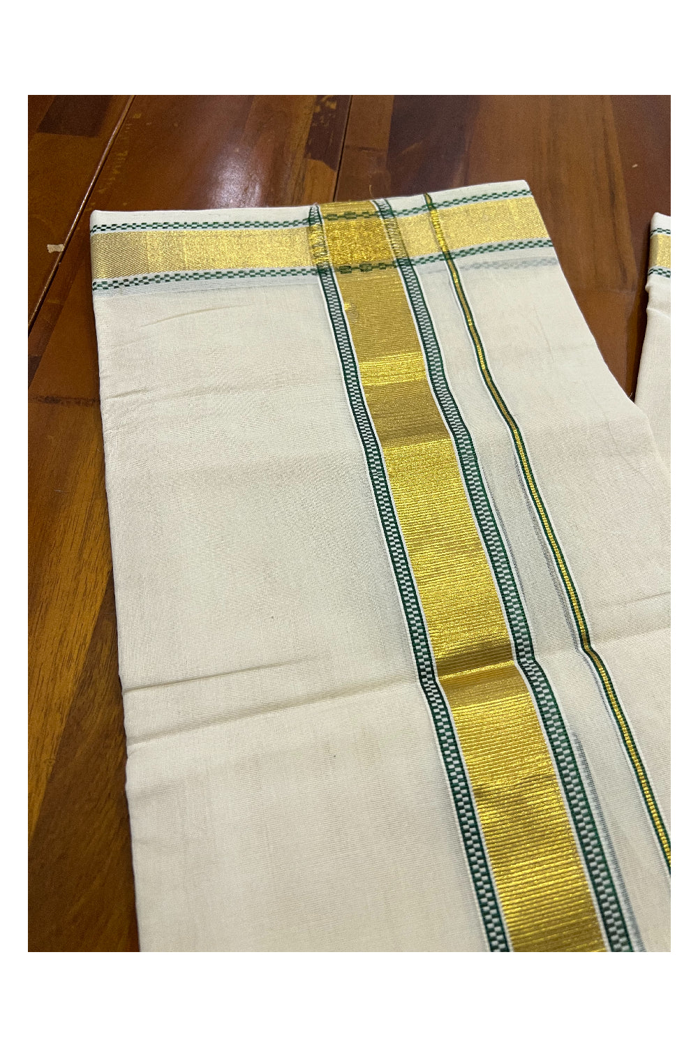 Southloom Balaramapuram Handloom Pure Cotton Mundu with Kasavu and Green Design Border (South Indian Dhoti)