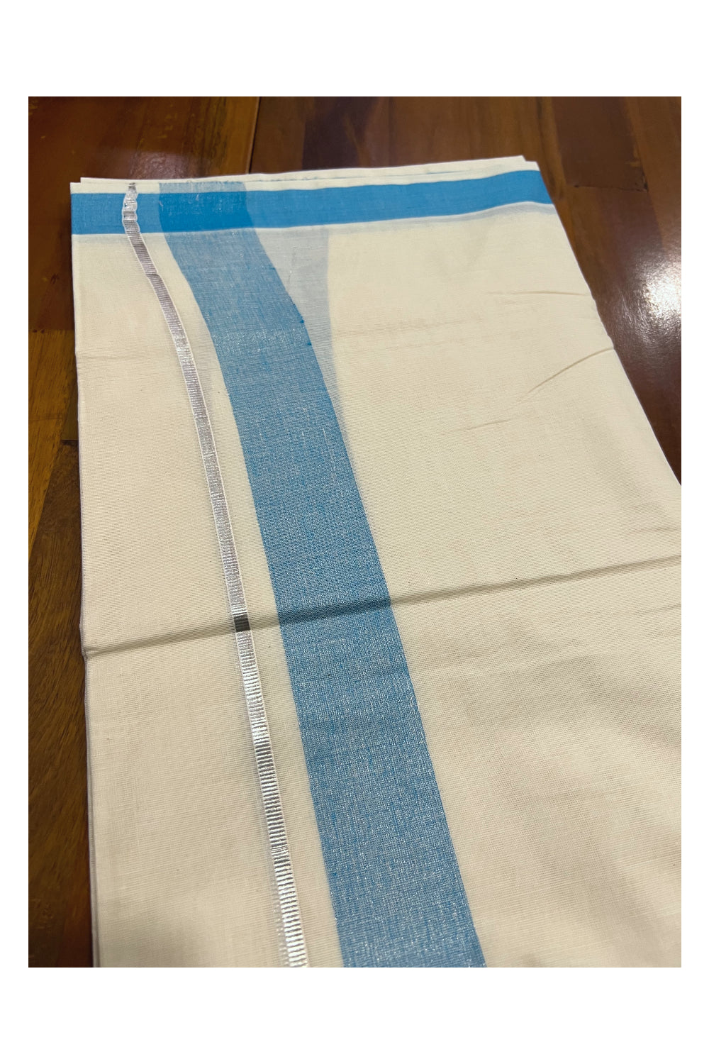 Pure Cotton Off White Double Mundu with Light Blue and Silver Kasavu Border (South Indian Dhoti)