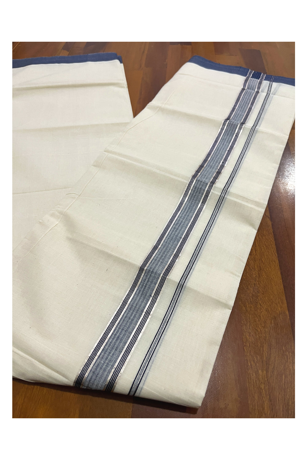 Pure Cotton Off White Double Mundu with Navy Blue and Silver Kara (South Indian Dhoti)