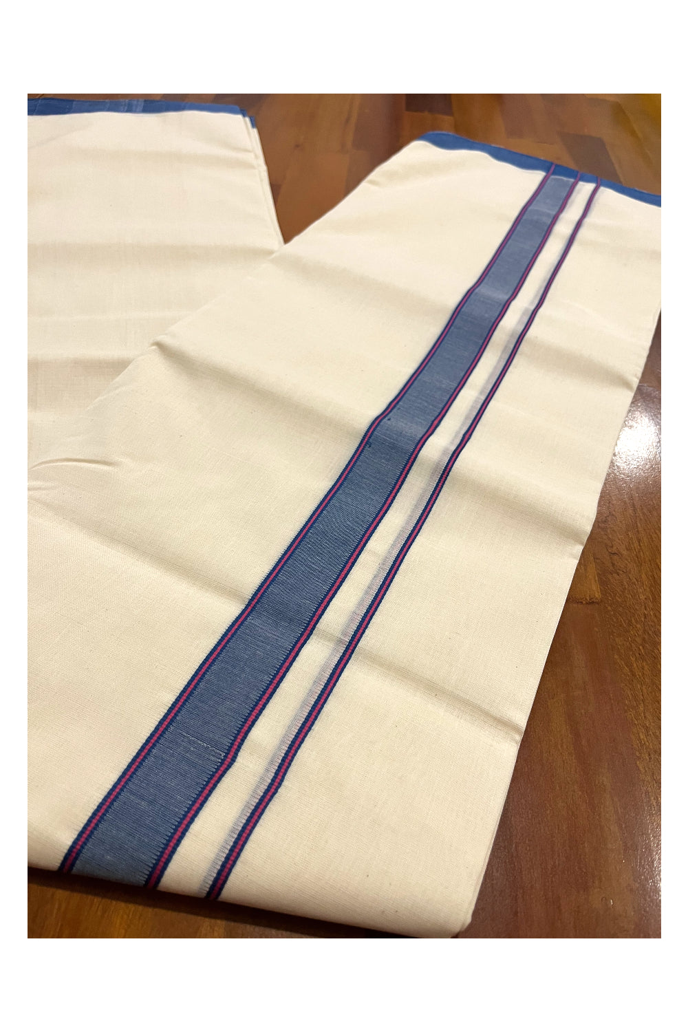 Southloom Premium Handloom Double Mundu with Blue and Magenta Border