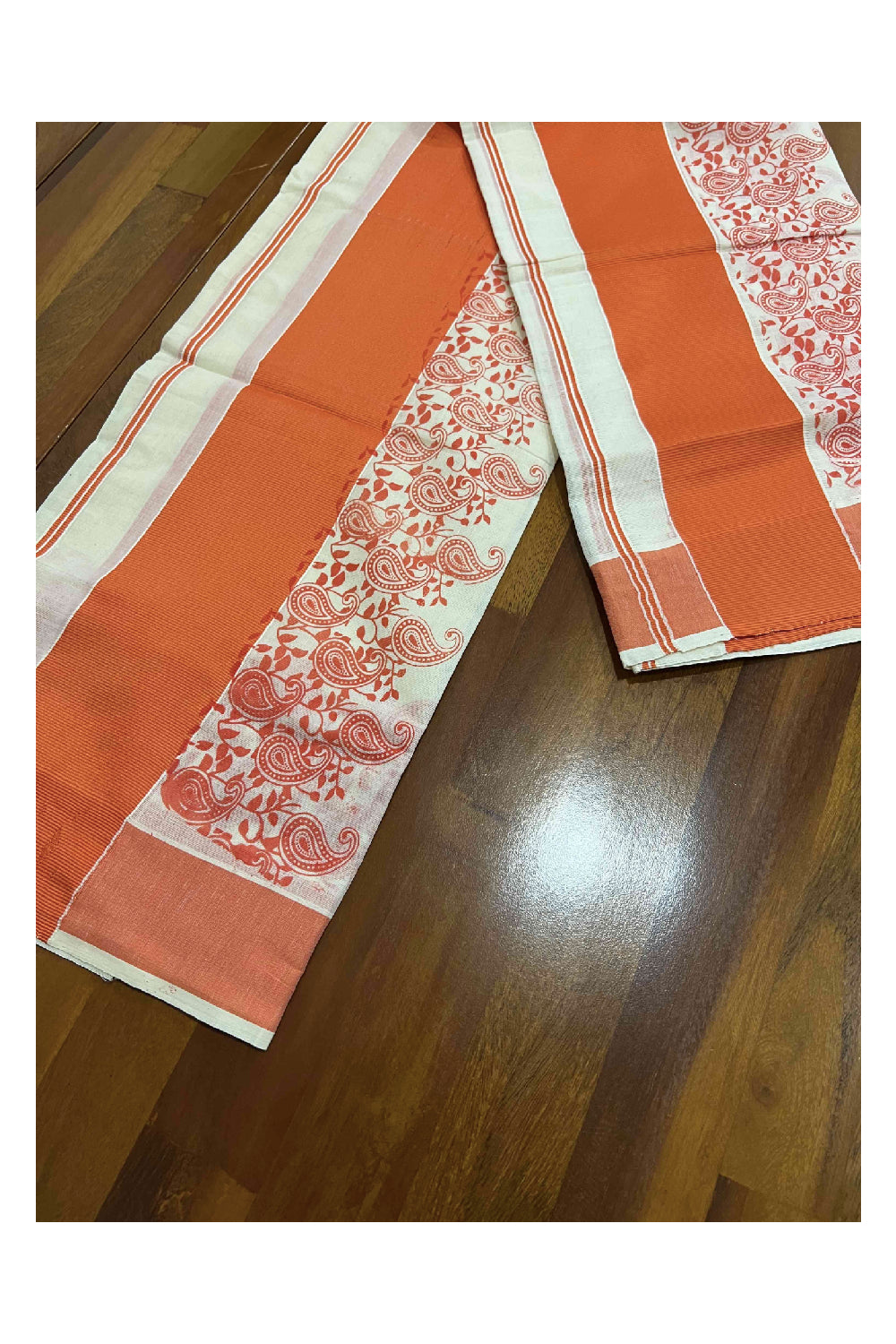 Kerala Cotton Set Mundu (Mundum Neriyathum) with Orange Block Printed Border