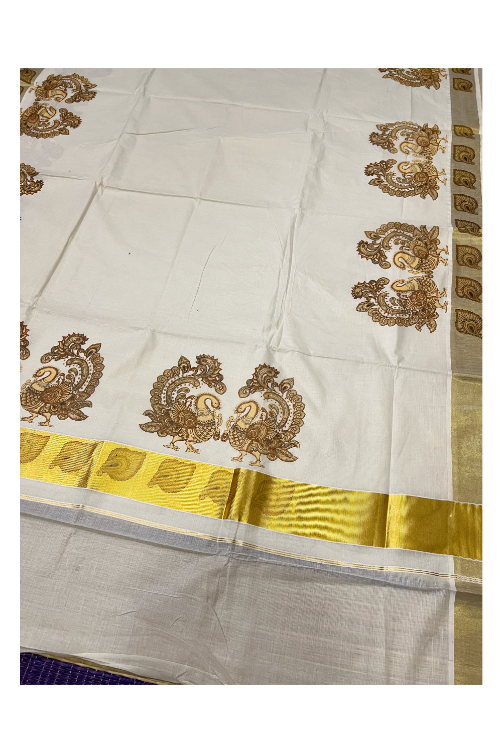 Pure Cotton Kerala Kasavu Saree with Mural Printed Brown Peacock Art Design