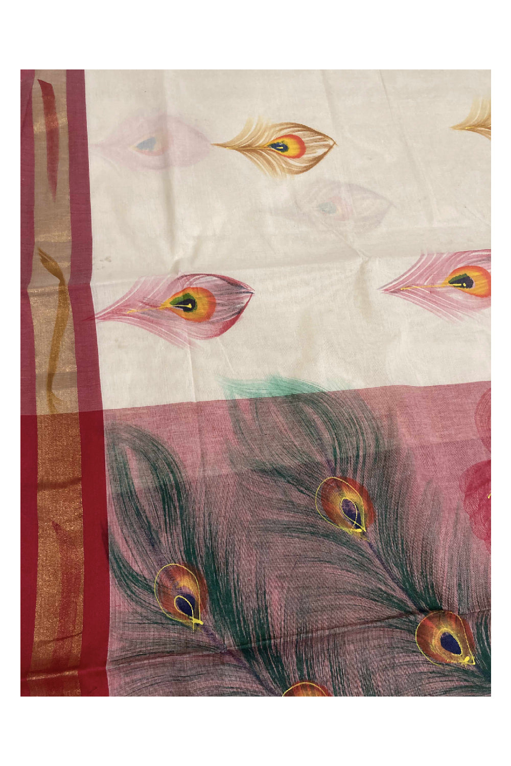 Southloom Maroon Handpainted Mural Kerala Kasavu Saree with Peacock Art