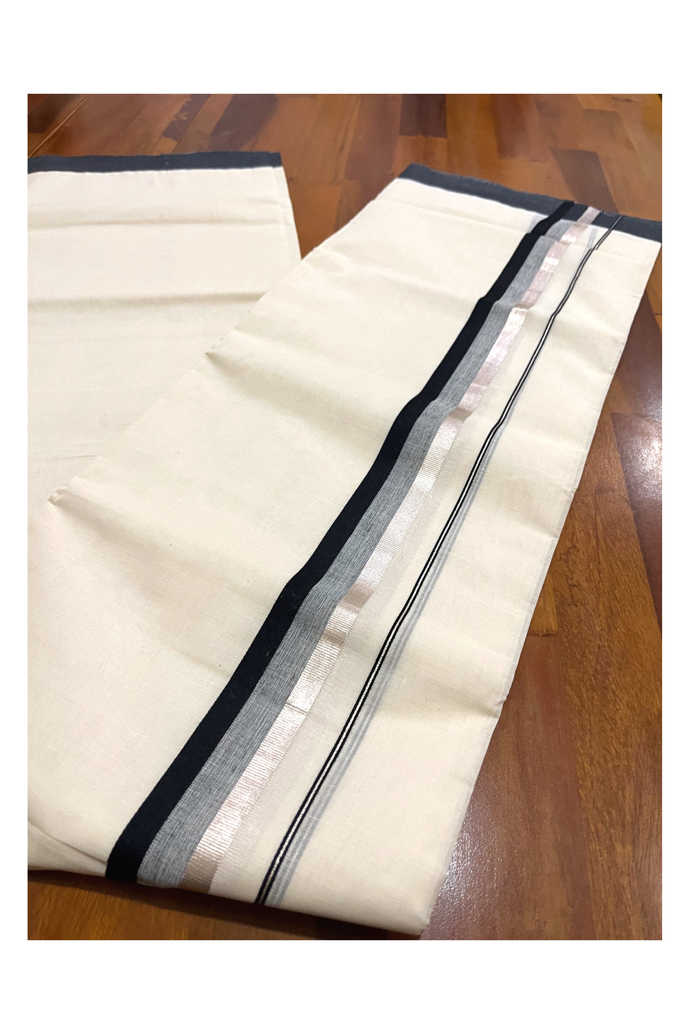 Pure Cotton Off White Double Mundu with Silver Kasavu and Black Border (South Indian Dhoti)