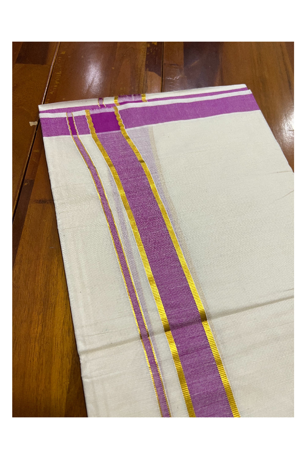 Off White Kerala Double Mundu with Kasavu and Magenta Border (South Indian Dhoti)