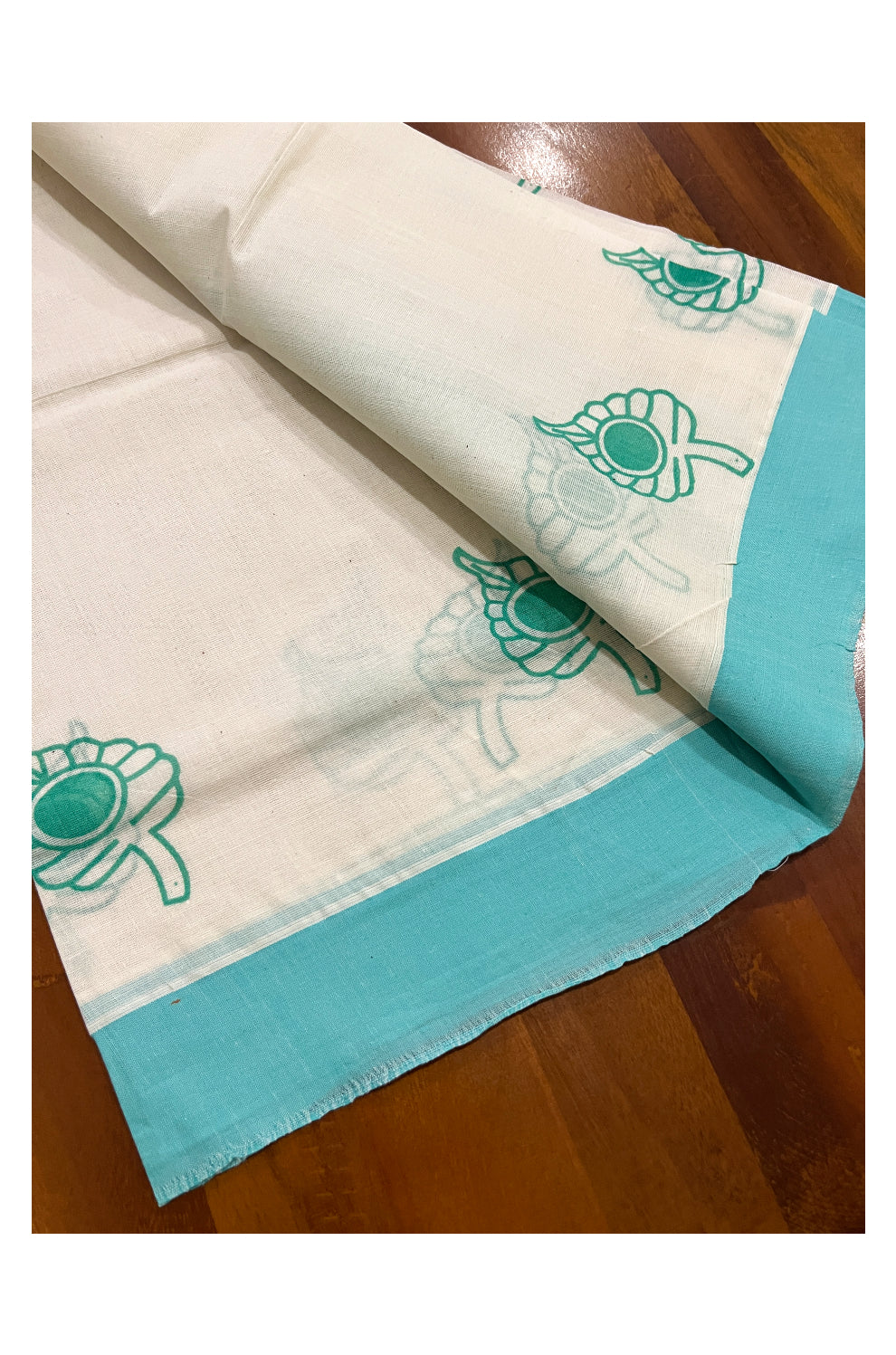 Pure Cotton Single Set Mundu (Mundum Neriyathum Vishu 2023) with Turquoise Block Prints and Border