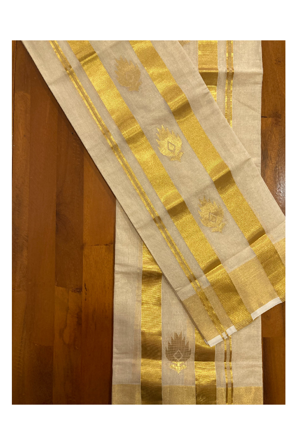 Southloom Handloom Tissue Kasavu Premium Set Mundu with Butta Work Across Kara (2.8 m)