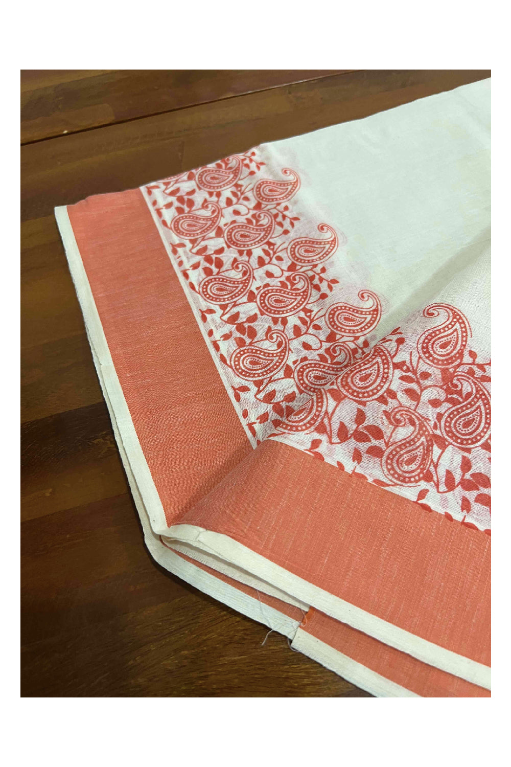 Kerala Cotton Set Mundu (Mundum Neriyathum) with Orange Block Printed Border