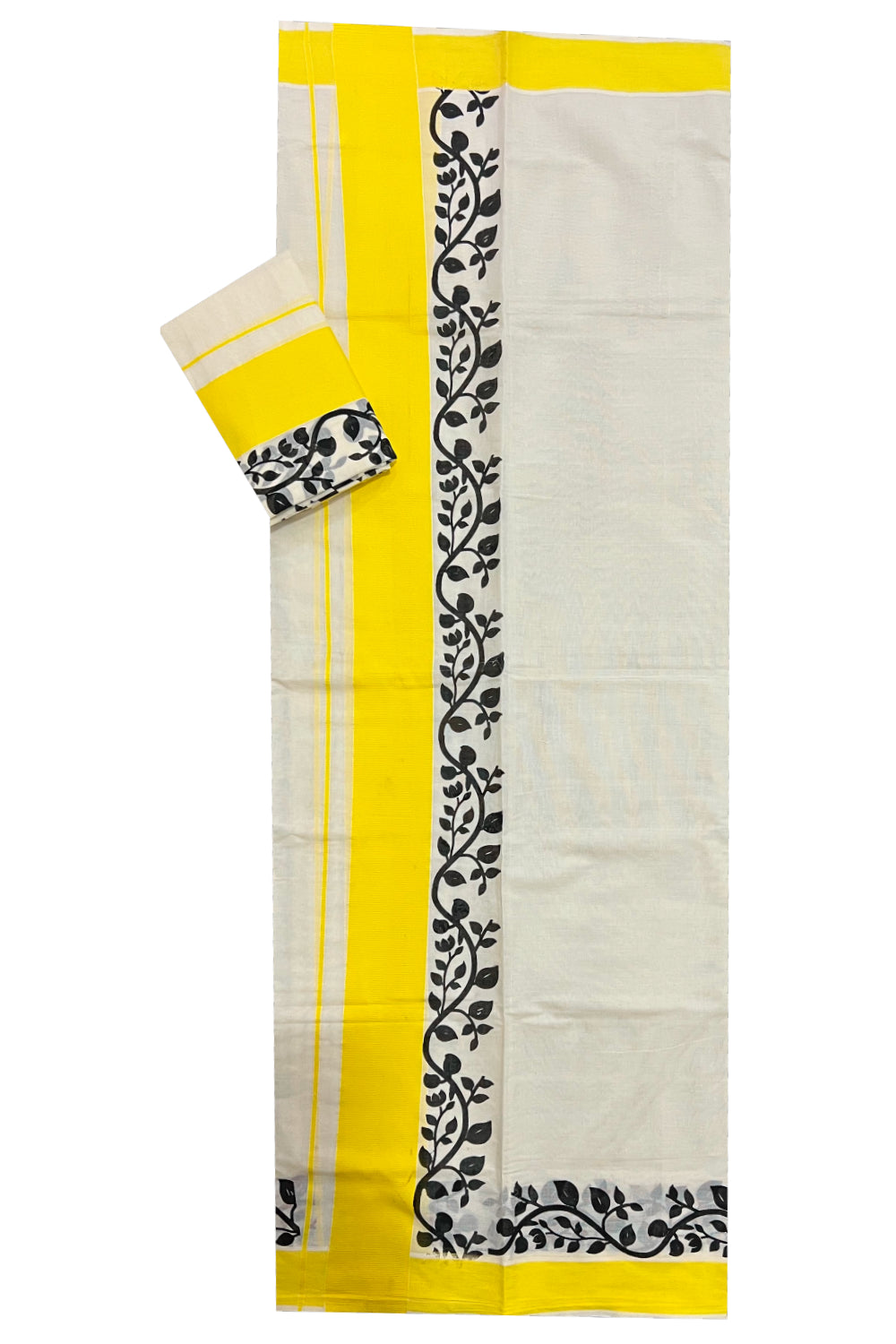 Southloom Original Design Onam Single Set Mundu (Mundum Neriyathum) with Black Floral Vines Block Print and Yellow Border