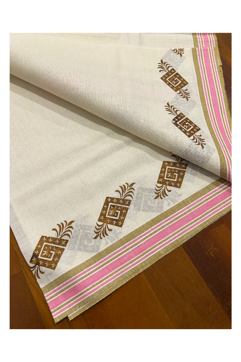 Kerala Cotton Mulloth Mundum Neriyathum Single (Set Mundu) with Light Brown Block Print Border (Extra Soft Cotton)