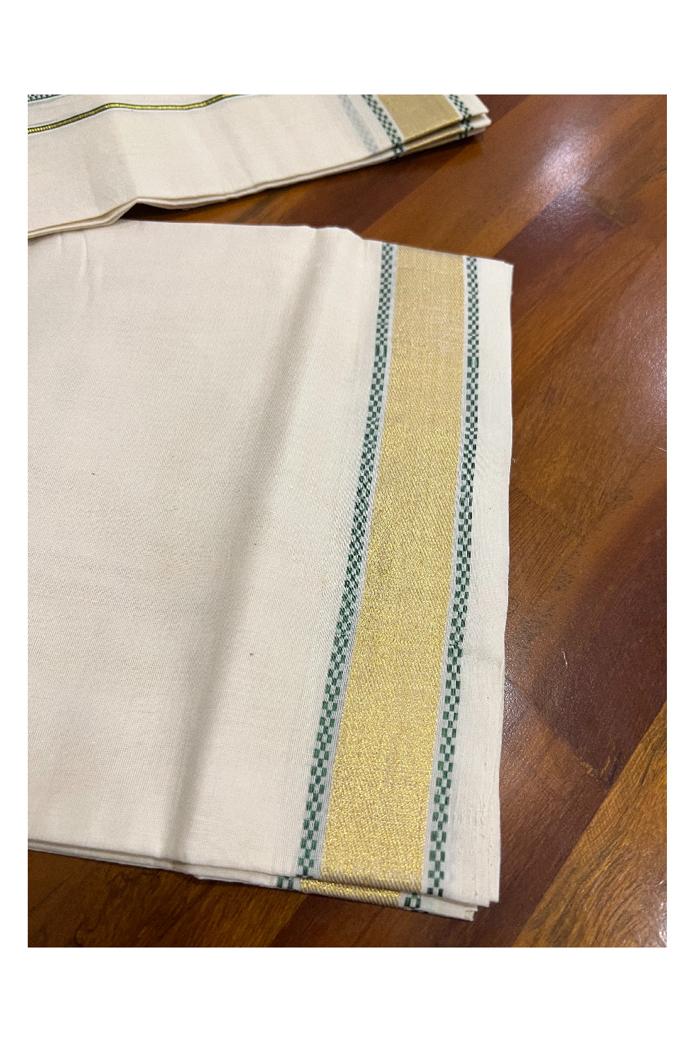 Southloom Balaramapuram Handloom Pure Cotton Mundu with Kasavu and Green Design Border (South Indian Dhoti)