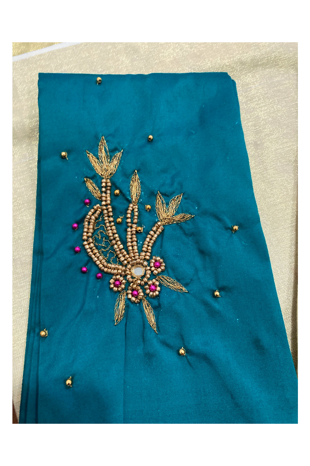 Kerala Tissue Kasavu Saree with Peacock Themed Bead Work Design and Green Blouse Piece