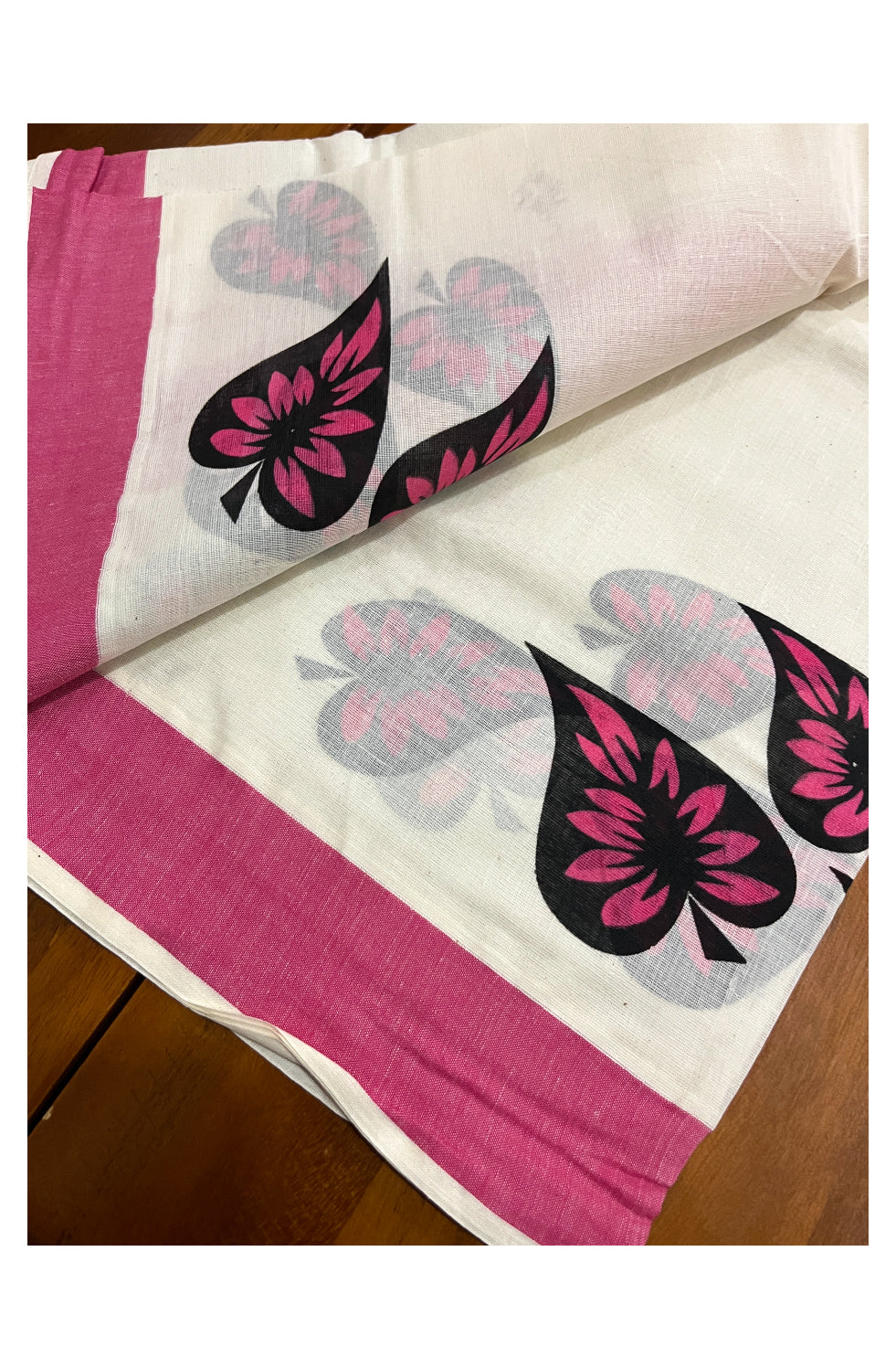 Kerala Cotton Set Mundu (Mundum Neriyathum) with Leaf Block Prints on Magenta Border and Tassels Works