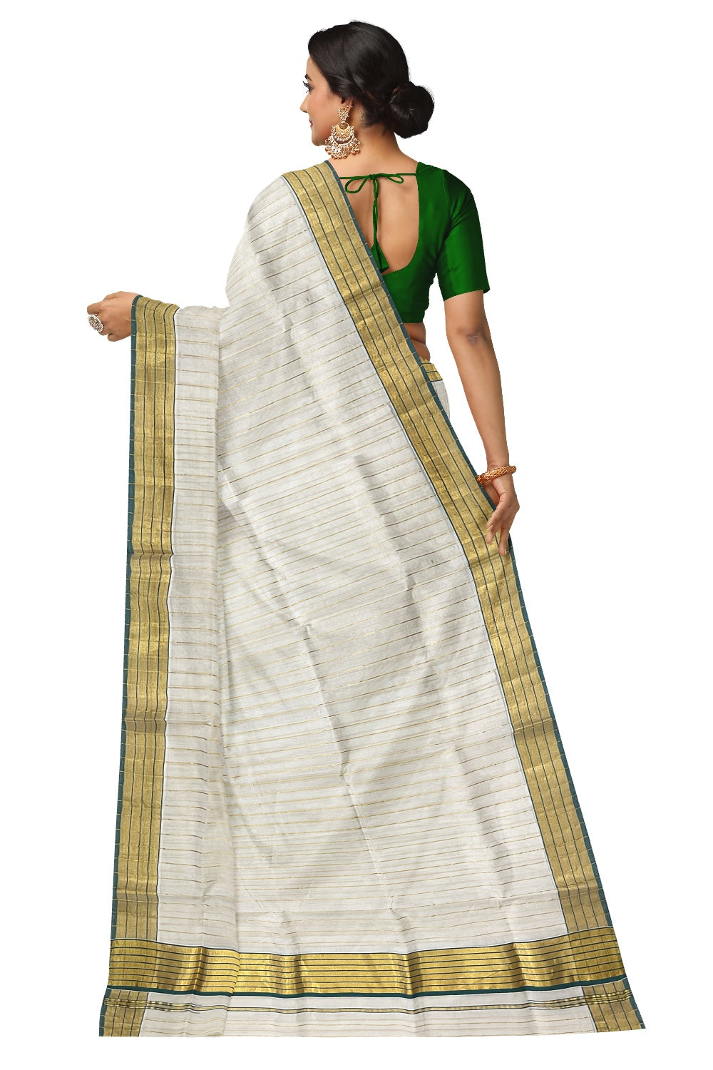 Southloom™ Original Handloom Cotton Saree with Green Border and Kasavu Lines Across Body