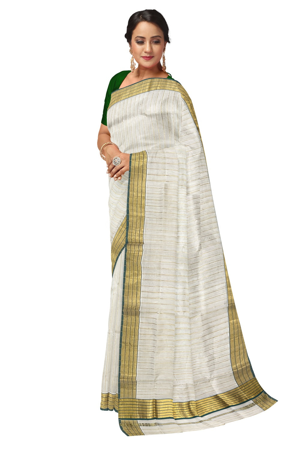 Southloom™ Original Handloom Cotton Saree with Green Border and Kasavu Lines Across Body