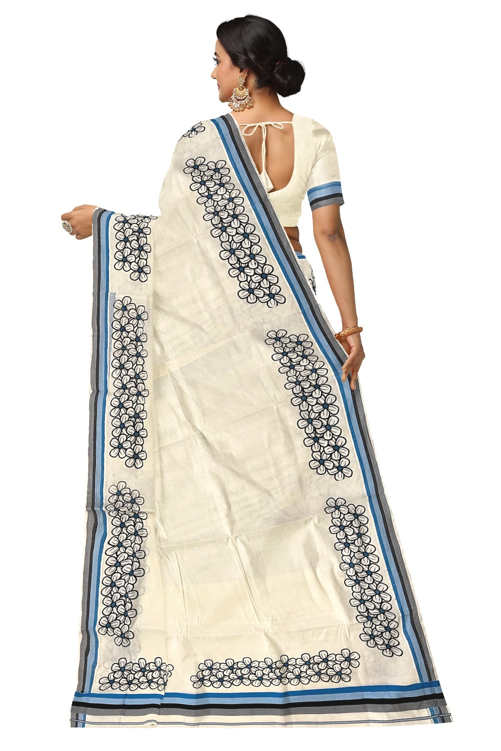 Pure Cotton Kerala Saree with Black Floral Block Prints and Black Blue Border
