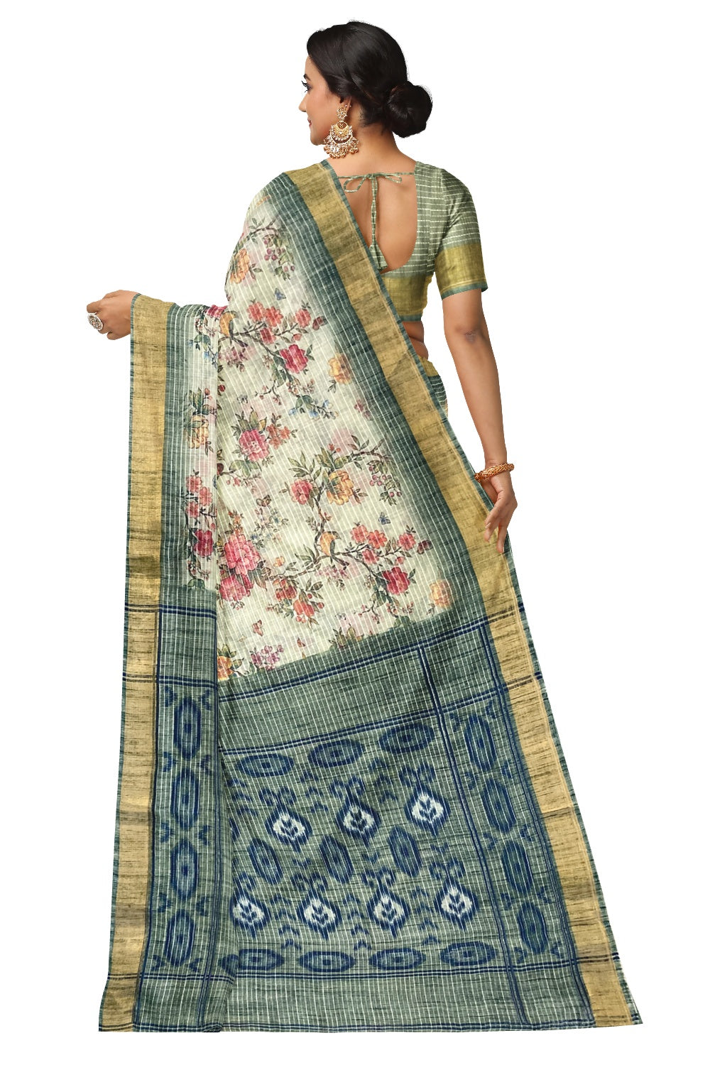 Southloom Cotton Floral Printed Pista Green Designer Saree with Tassels Works