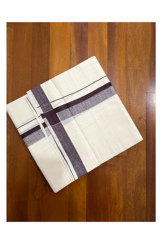 Off White Pure Cotton Double Mundu with Dark Brown Shaded Kara (South Indian Dhoti)