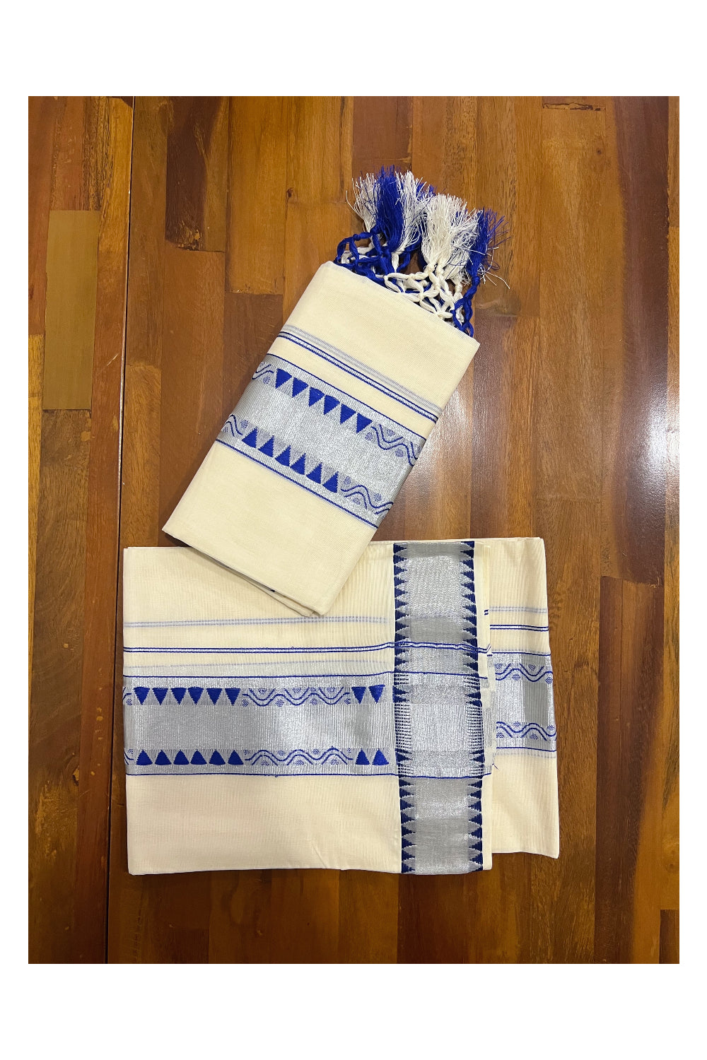 Kerala Cotton Set Mundu Single (Mundum Neriyathum) with Silver Kasavu and Blue Woven Border and Tassels Work