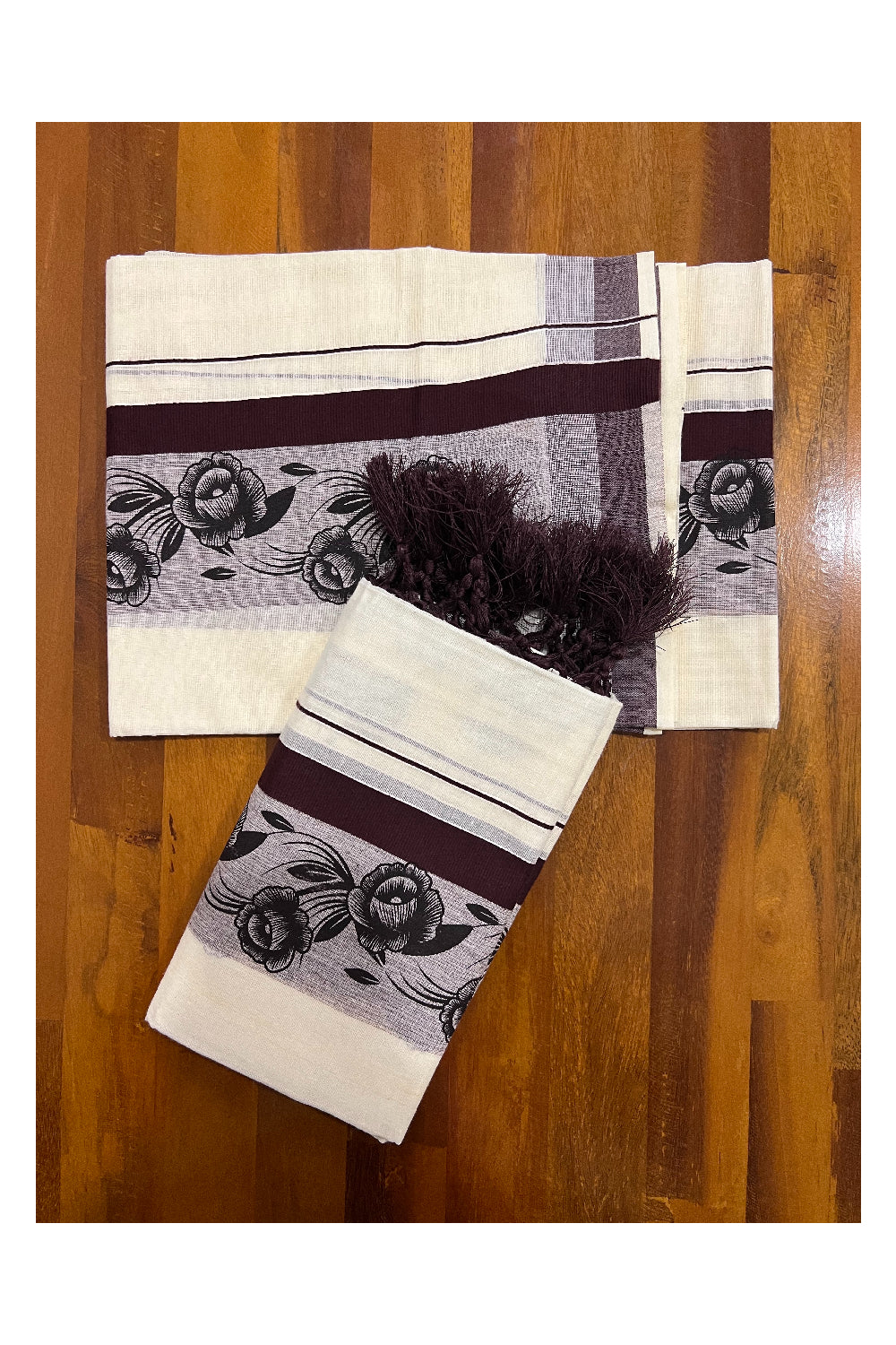 Kerala Cotton Set Mundu (Mundum Neriyathum) with Brown Floral Block Prints and Tassels Border