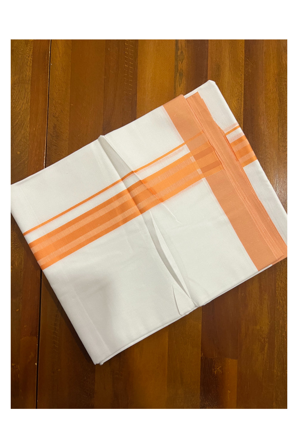 Pure White Cotton Double Mundu with Orange Line Border (South Indian Dhoti)