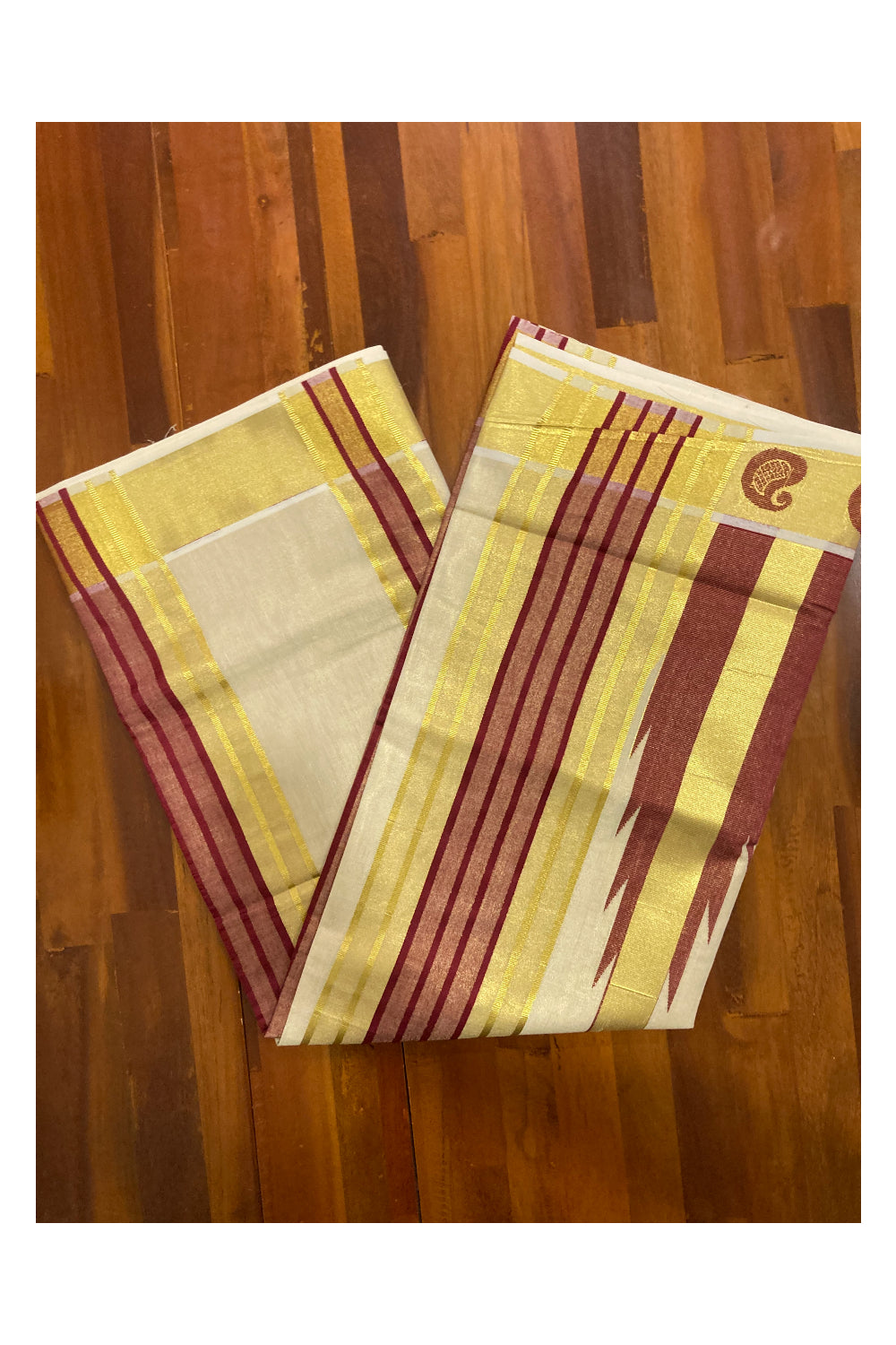 Kerala Tissue Kasavu Saree with Maroon Large Temples on Pallu and Bottom Border