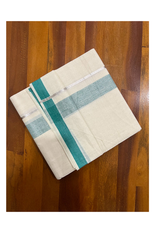 Pure Cotton Off White Double Mundu with Green and Silver Kasavu Border (South Indian Dhoti)