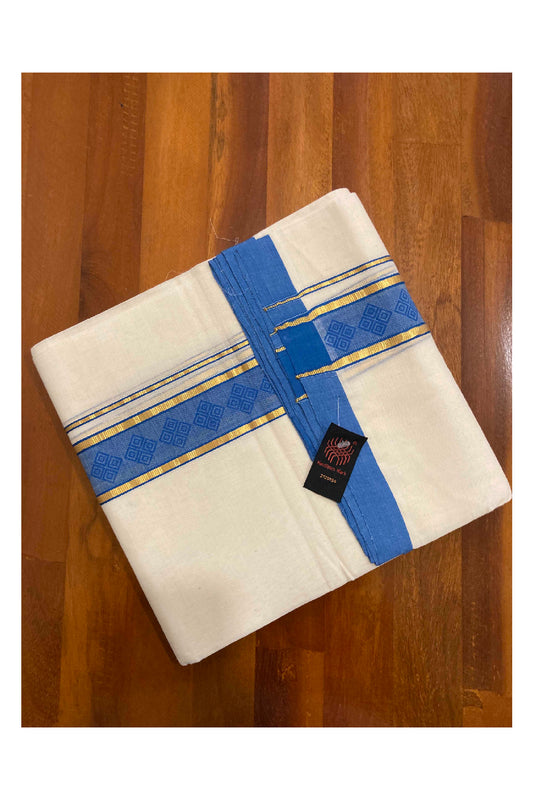 Southloom Balaramapuram Handloom Mundu with Kasavu and Blue Block Printed Border