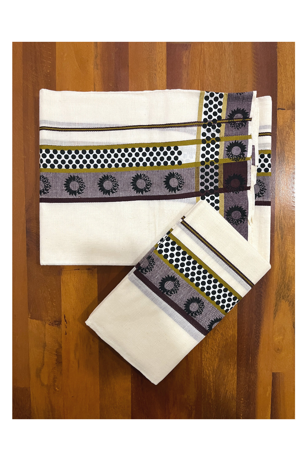 Kerala Cotton Single Set Mundu (Mundum Neriyathum) with Brown Black Block Prints on Border