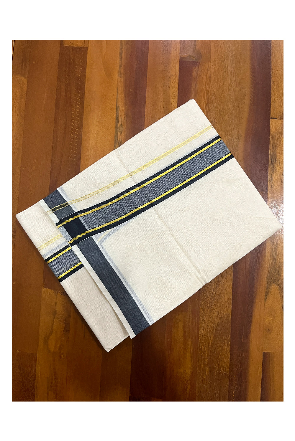 Pure Cotton Off White Double Mundu with Black and Kasavu Kara (South Indian Kerala Dhoti)