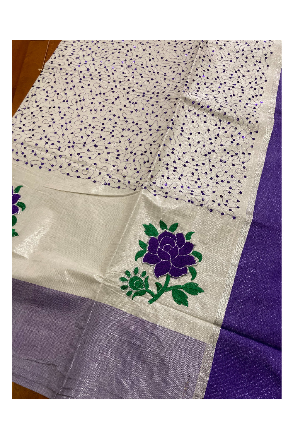 Silver Tissue Kasavu Saree with Violet Floral and Sequins Decorative Work