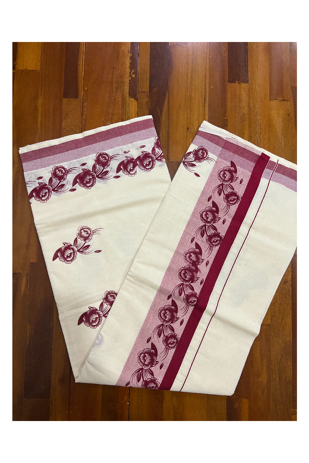 Pure Cotton Kerala Saree with Maroon Floral Block Printed Design