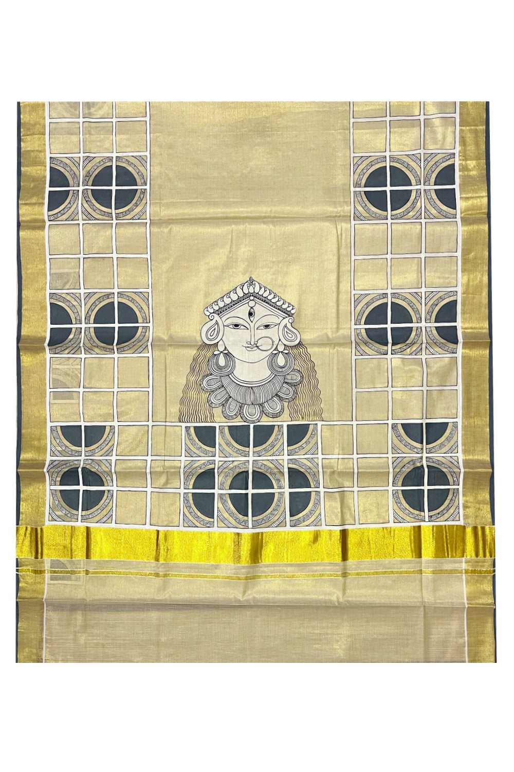 Kerala Kasavu Tissue Saree with Hand Painted Works on Body