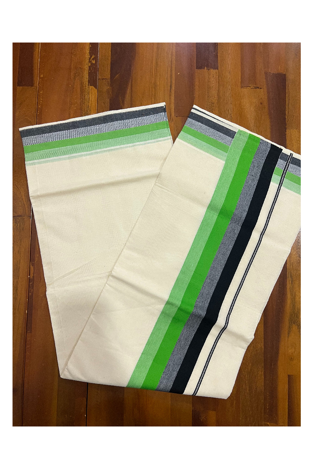 Kerala Cotton Saree with Light Green and Black Lines Border Design