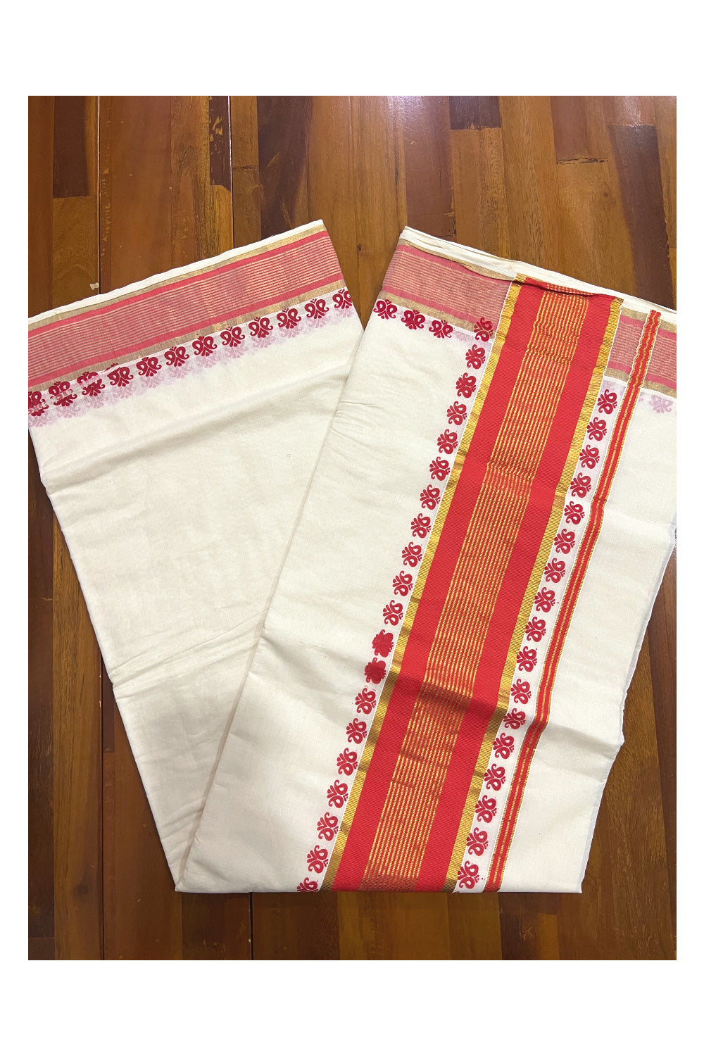 Pure Cotton Kerala Saree with Kasavu and Dark Orange Paisley Block Prints on Border