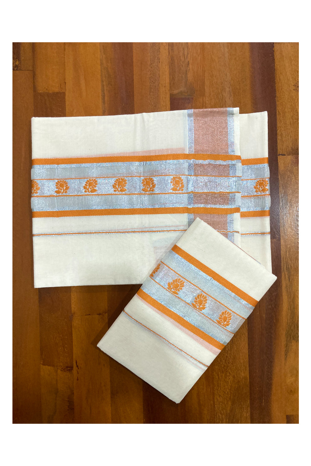 Cotton Silver Kasavu Set Mundu (Mundum Neriyathum) with Orange Woven Works on Border